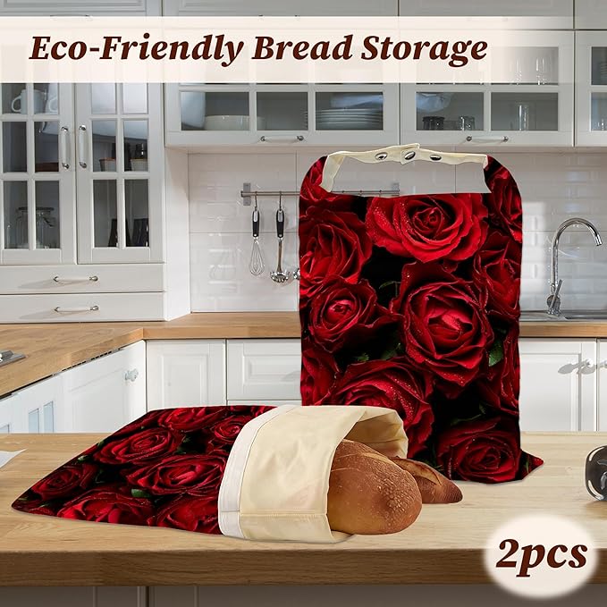 Bread Bags for Homemade Bread, Red Rose Flower 2 Pack Linen and Beeswax Sourdough Storage Bags, Reusable Keeper, Keeps Breads Fresh Longer, Gifts for Bakers