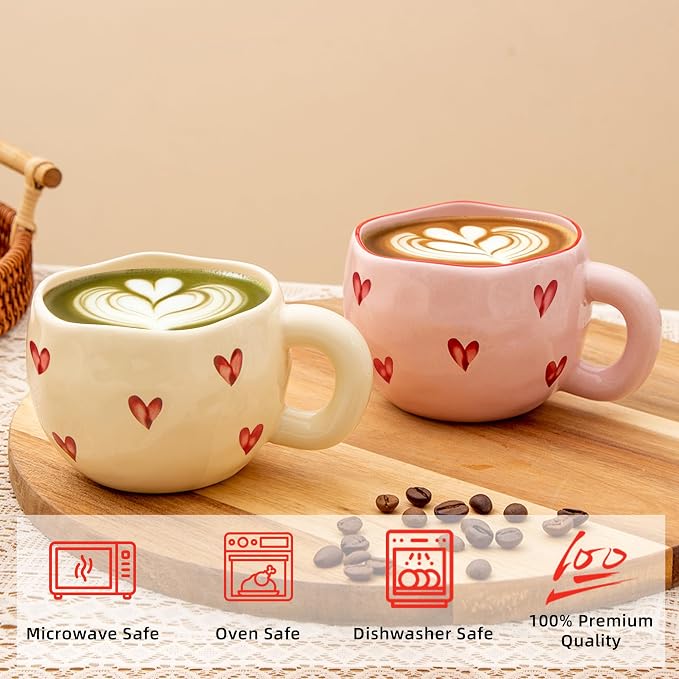 4pcs Ceramic Heart Mugs, 9.4OZ Cute Love Coffee Cup Set, Pink & Yellow, Dishwasher Safe Espresso/Latte Mugs Set, Gift for Women/Mom/Girl Friend(Love)