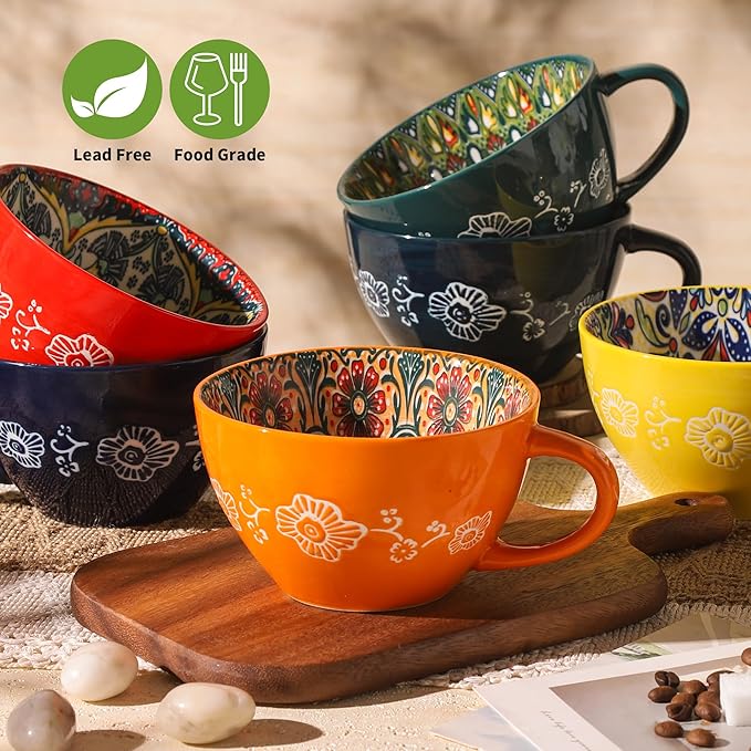 Large Coffee Mug, 15 oz Boho Coffee Mug Ceramic with Handle, Porcelain Tea Cup, Coffee Cup for Cappuccino and Latte, Microwave & Dishwasher Safe, Ideal Gift for Family/Friend (Red)