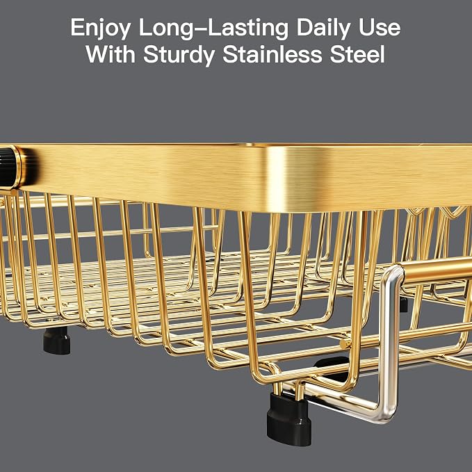 MAJALiS Gold Dish Drying Rack Over The Sink with Utensil Holder | Expandable Stainless Steel Dish Drainer for Small Kitchen, Apartment, RV, Counter Space Saving, Perfect Fit, Rustproof