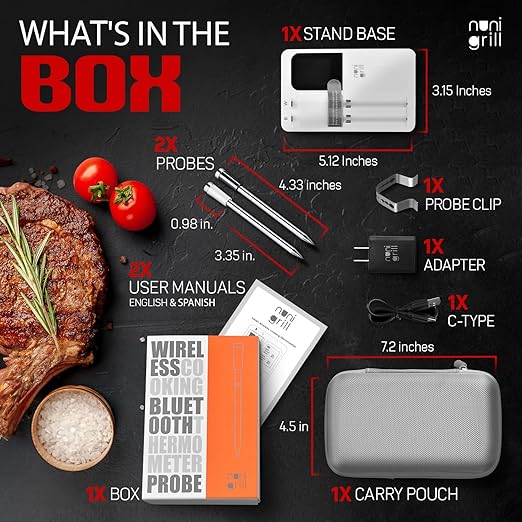 Smart Wireless Meat Thermometer- Digital Meat Thermometer for Smoker, Grilling & Oven Smartphone App Digital Meat Thermometer Wireless, 200ft Range, Rechargeable (Two Probes)