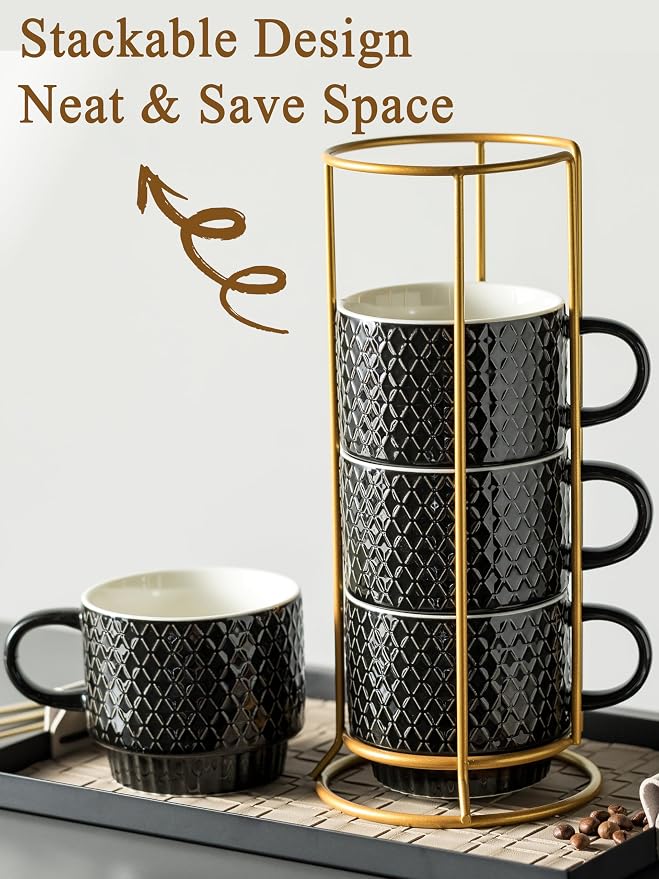 Gomakren Coffee Mugs Set of 4, 13 Ounce Stackable Coffee Mug Set with Stand, Father's Day Stoneware Coffee Cup with Spoon for Coffee, Milk, Tea, Cocoa, Black
