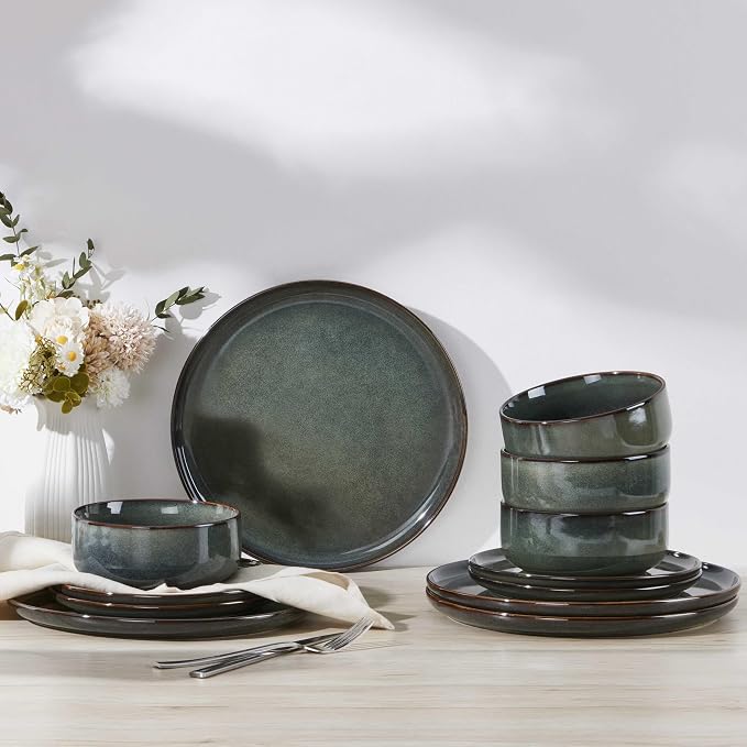 Herogo 12 Pieces Square Stoneware Dinnerware Set, Service for 4, Dinner Plates and Bowls Sets, Double Reactive Glaze Dishes Set for Kitchen, Scratch Resistant, Dishwasher Safe, Moss Green
