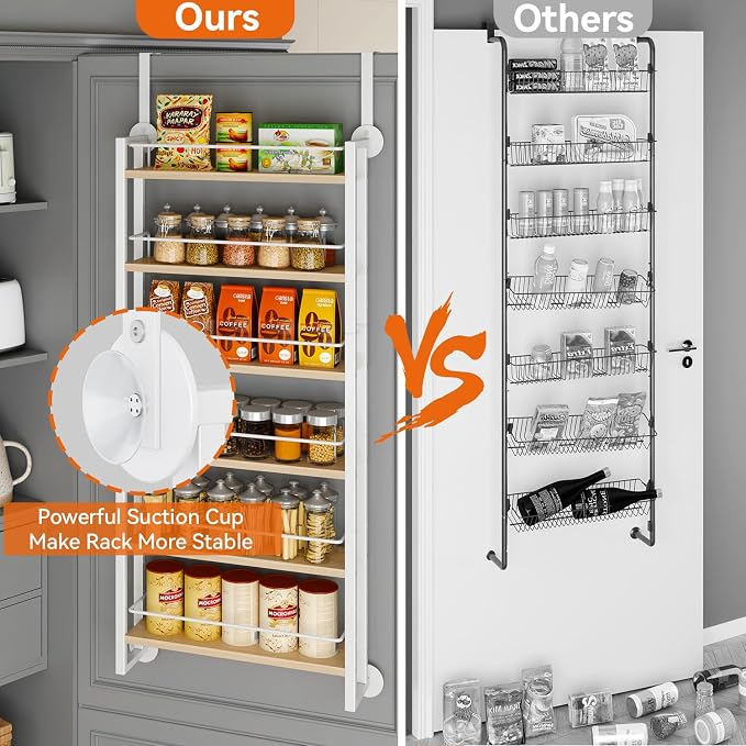 IBUYKE 6 Tier Over The Door Pantry Organizer,Wall Mounted Spice Rack,Door Hanging or Wall,Adjustable Hanging Storage Shelves,Spice Organization for Kitchen cabinet,Bathroom,Closet,Natural UTLJ028R