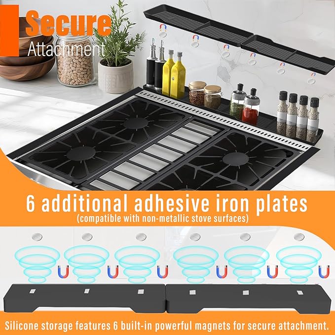 Stove Gap Covers Stainless Steel 2PC(0.08"–0.7" W,13.8"–27.5" L)+30"(2×15") Silicone Magnetic Stove Shelf+4PC Gas Burner Covers|Heat Resistant Non-Stick Range Accessories,Bonus Cleaning Brushes