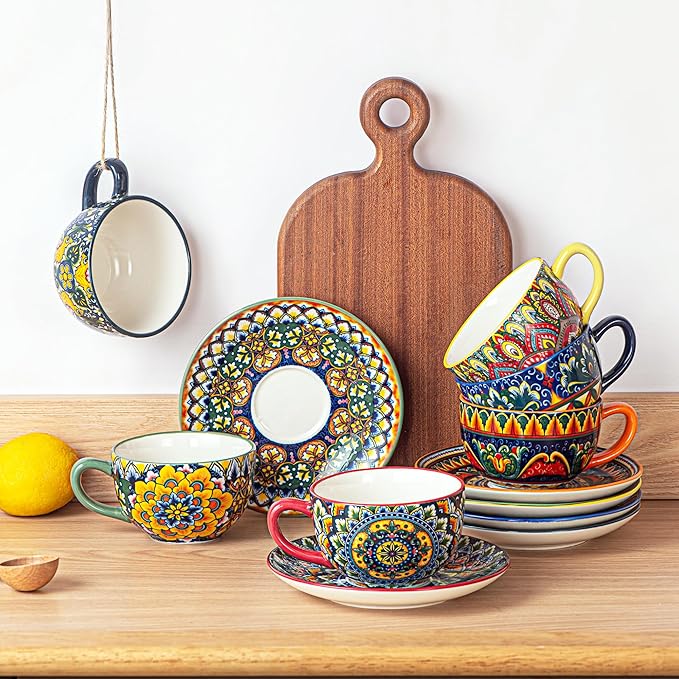Henten Home Ceramic 8.5 oz Tea Cup Set, Latte Cup with Saucers Set of 6, Boho Style Cup for Cappuccino, Coffee, Hot Cocoa, Espresso, Microwave & Dishwasher Safe