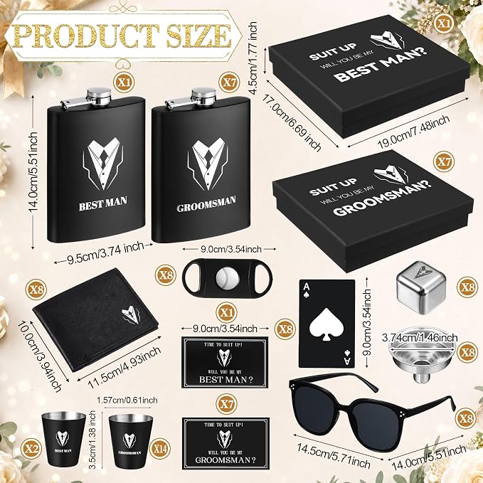Mimorou 88 Pcs Groomsmen Proposal Gifts - Shot Glasses, Stainless Steel Ice, Flask, Funnel, Gift Boxes, Sunglasses, Knives, Bottle Opener, Cards, Wallets for Wedding Groomsmen Present Set (Retro)