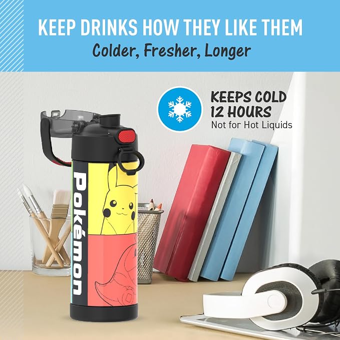 THERMOS FUNTAINER 16 Ounce Stainless Steel Vacuum Insulated Bottle with Wide Spout Lid, Pokemon