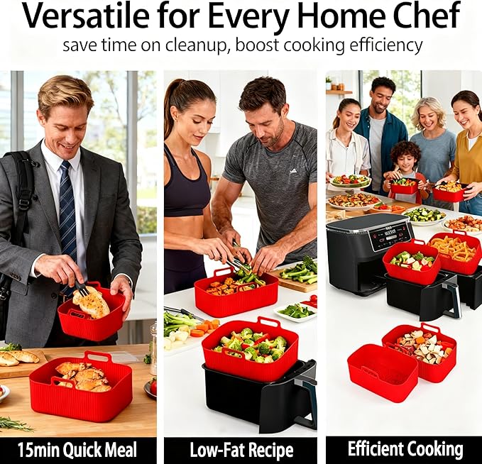 Silicone Air Fryer Liners for Ninja - Reusable DZ201 8QT Dual Basket - Rectangular 2-Pack Vacuum-Packed Easy-Clean Dishwasher-Safe Food-Safe for Home Chefs - Housewarming Gifts