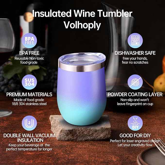Volhoply 12oz Stainless Steel Wine Tumbler with Lid Bulk 4 Pack,Double Wall Vacuum Stemless Wine Glasses,Reusable Metal Travel Coffe Mug with Straw,Insulated Cup Gifts for Christmas（Purple Bule,4 Set）