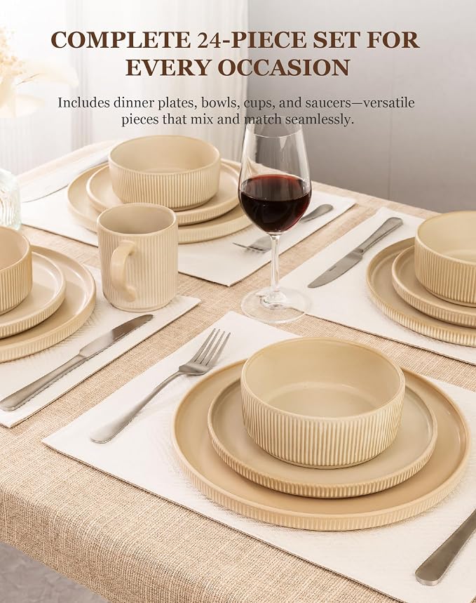 OTAGO 24-Piece Dinnerware Set for 6 with Mugs, Ribbed Stoneware Plates and Bowls Sets, Unique Handcrafted Reactive Glaze, Chip and Scratch Resistant Dish Set, Microwave & Dishwasher Safe, Yellow