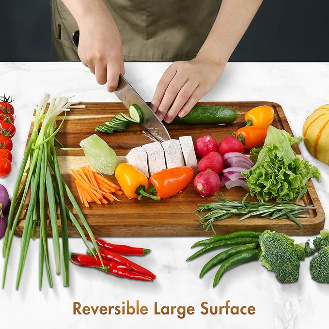 AZRHOM Large Wood Cutting Boards Set of 4 for Kitchen Cheese Charcuterie Board (Gift Box Included) Acacia Butcher Block with Non-slip Mats, Juice Groove and Handles (16x12, 14x10, double 11x8 inch)-4