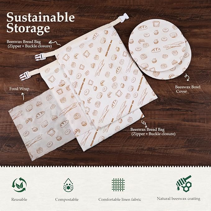 5PCS Beeswax Bread Bags with Zipper Seal, Reusable Beeswax Wrap, Plastic-Free Food Storage Wrap, 2 Sourdough Natural Beeswax Bread Storage Bag, 1 Wrap, 2 Bowl Cover
