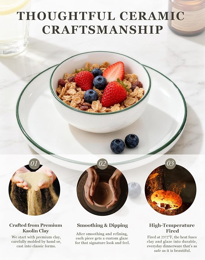 OTAGO 24-Piece Porcelain Dinnerware Set for 6 with Mugs, White Stoneware Plates and Bowls Sets, Ceramic Dish Set for Kitchen, Dinner & Dining, Green Rim, Microwave & Dishwasher Safe