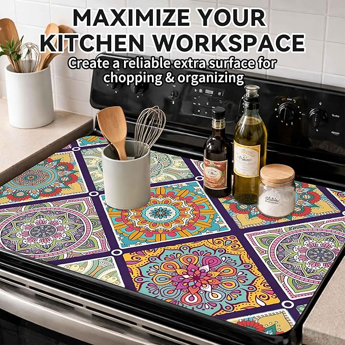 Decorative Stove Top Covers for Electric Stove 28"x20" – Heat Resistant Glass Cooktop Protector Dish Drying Mat – Non-Slip Rubber Backing Washer Top Cover Waterproof Extra Counter Space (Boho)