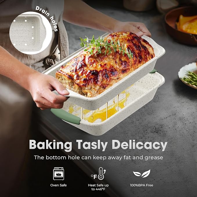 11-Piece Non-Toxic Baking Set, Stackable Nonstick Cookware with Heat-Resistant Handles - Includes Cookie Tray, Round Cake Pan, Muffin Cups, Pizza Pan & Loaf Baker, White&Light Green