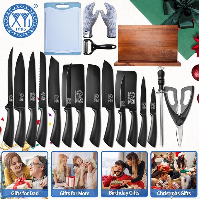 XYJ Professional Knife Sets for Master Chefs,Meat Cleaver Butcher for Camping,Chef Knife Set with Magnetic Knife Block,Stainless Steel Kitchen Knives Tools Kit