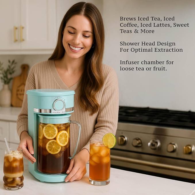 Retro Iced Tea Maker with Infuser, 3QT Glass Pitcher Electric Tea and Coffee Brewer, Adjustable Strength Cold Brew Maker for Iced Coffee, Iced Lattes, Sweet Tea & Fruit Infusions