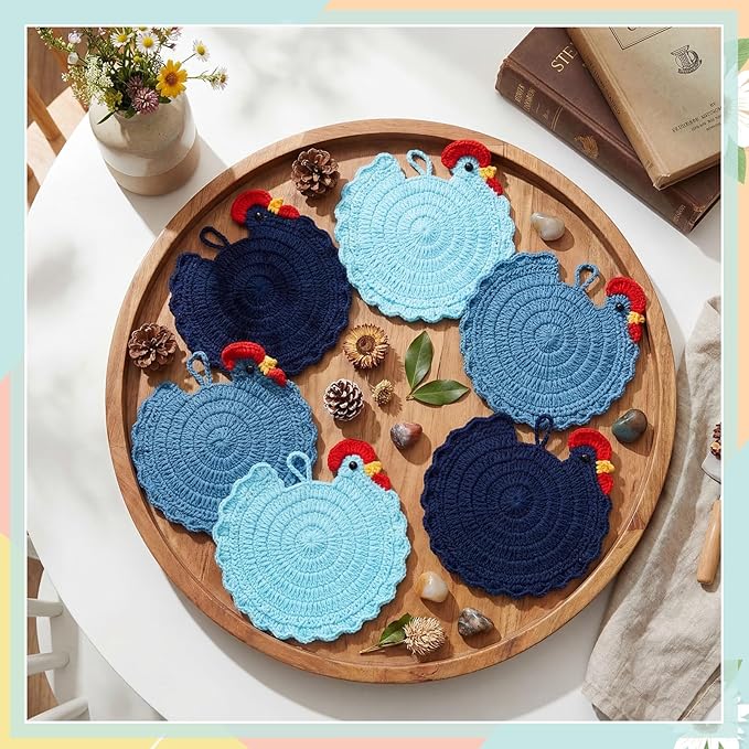 LemonRoad Handmade Crochet Chicken Trivets Set of 6, Farmhouse Hot Pots Holder Gifts Cute Braided Woven Coaster Protector for Dishes Mothers Day Lovers Housewarming 6.5" x 6.8"(Vivid Style)
