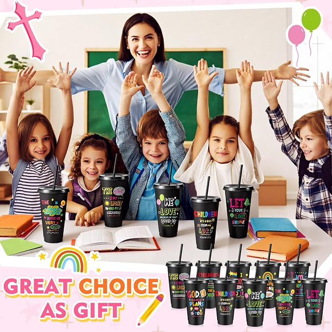 Uiifan 10 Pcs VBS Christian Cups Bulk for Kids, Religious Plastic Tumblers with Bible Verses, Sunday School and Church Gifts, Reusable Cups with Lids and Straws (Black)