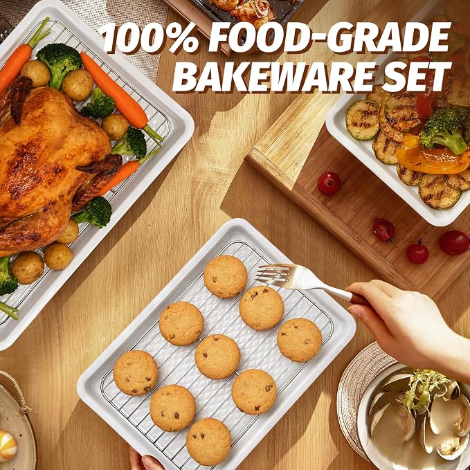 Nonstick Ceramic Baking Sheet With Rack, 2-Pack 15x10 Jelly Roll Sheet Pan, Non-Toxic, PTFE & PFOA Free, Warp-Free, Oven Safe 550°F, Dishwasher Safe, Aluminized Steel, Gray Yellow