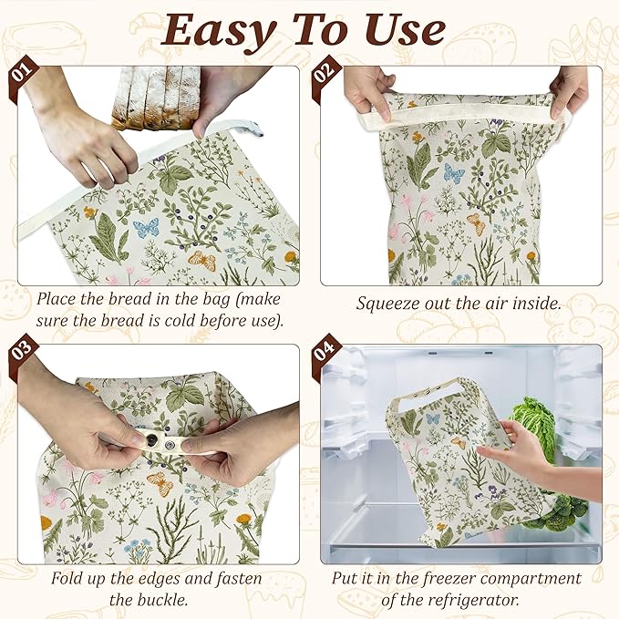 Bread Bags for Homemade Bread- Herbs Wild Flowers Vintage Botanical 2 Pack Linen and Beeswax Sourdough Storage Bags, Reusable Keeper, Keeps Breads Fresh Longer, Gifts for Bakers