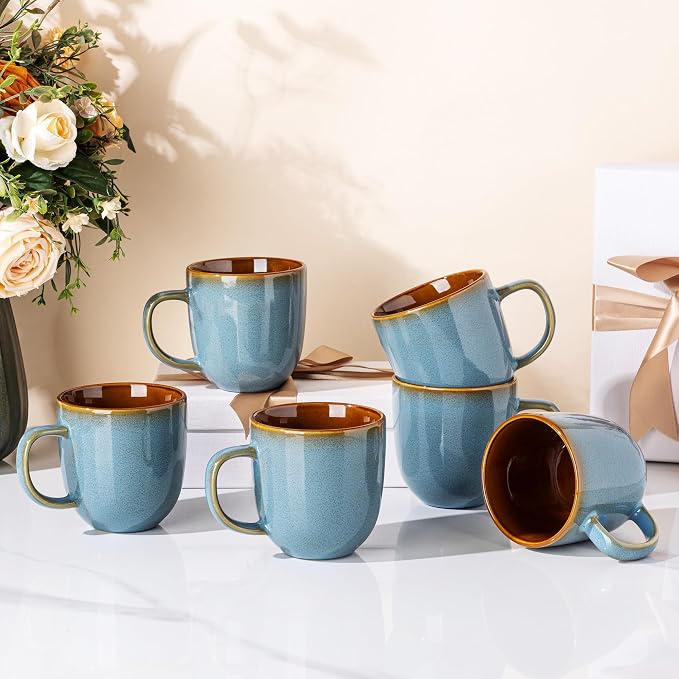 LERATIO Ceramic Coffee Mugs Set of 6,12oz Handmade Coffee Mugs Set with Large Handle for Cappuccino/Latte/Tea/Hot Cocoa,Dishwasher & Microwave Safe-Ocean Blue