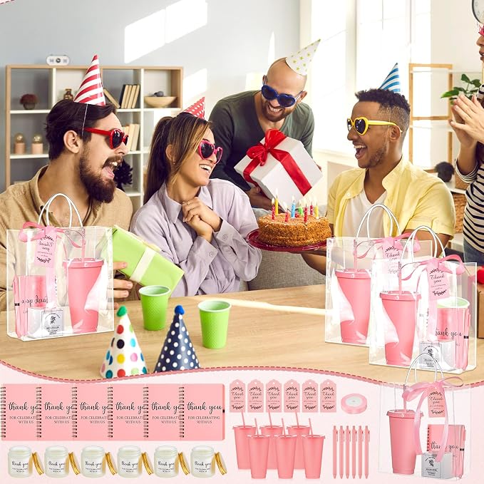 Nuogo 12 Sets New Parent Shower Prizes for Player Winners Adult, Wedding Bridal Shower Gift, Plastic Tumbler Notebook Scented Candle Ballpoint Pen Bag (Pink Color,Classic Style)