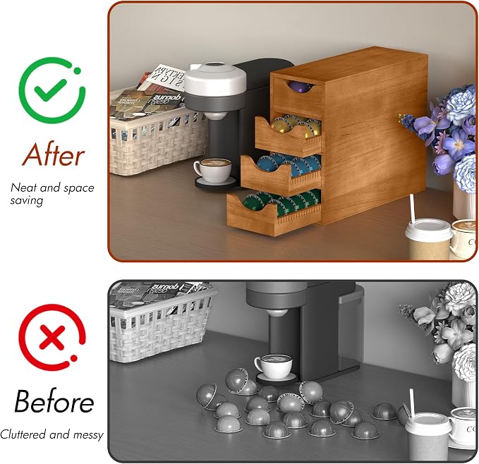 Suli Coffee Pod Holder, Coffee Capsule Storage Organizer, Save Space Coffee Pod Organizer for Countertop, Extra Large Storage Rack with Drawer, 4 Tier,104 Pods,Wood,Brown