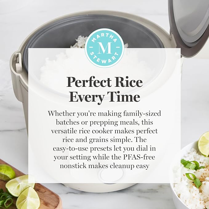 Martha Stewart Rice Cooker, 4 Cup (Uncooked) / 8 Cup (Cooked), Ceramic Non-Stick Removable Pot, Keep Warm, Measure Markings, Steam Basket, Brown & Sushi Rice, Quick Cook, Quinoa, Grains, Oats, Linen Cream