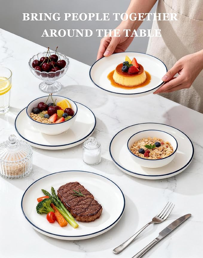 OTAGO 16-Piece Dinnerware Set for 4 with 4 Mugs, White with blue rim Stoneware Plates and Bowls Sets, Ceramic Dish Set for Kitchen, Dinner & Dining, Blue Rim, Microwave & Dishwasher Safe