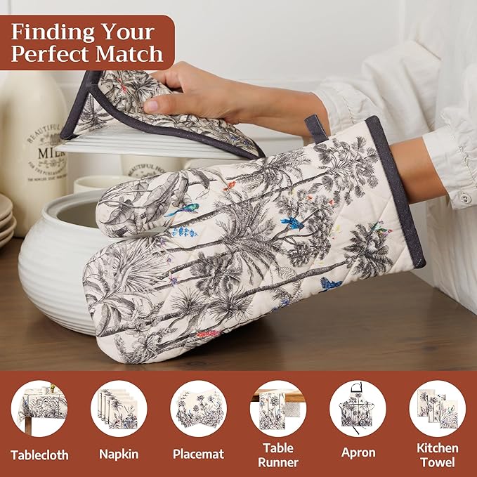 Maison d' Hermine 100% Cotton Oven Mitt & Pot Holder Set (7.5"x13" & 8"x8") Heat Resistant BBQ Cooking Gloves with Loop for Thanksgiving Christmas Decorations Handling Hot Pans (Amazonia)