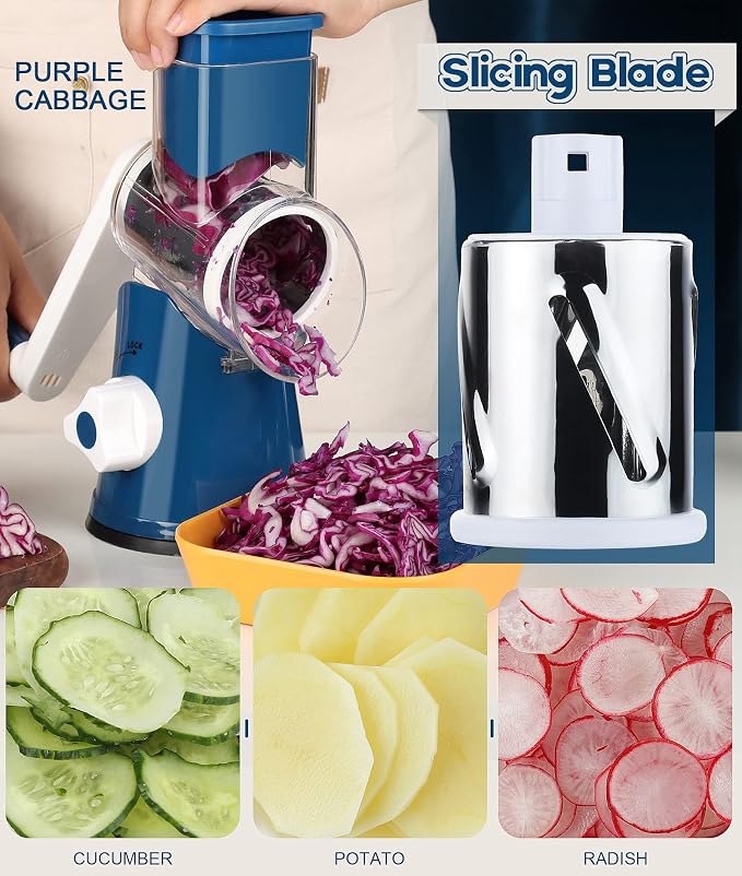 Ourokhome Vegetable Chopper Onion Cutter with Container Multifunctional Food Chopper with 2 Blades, Rotary Cheese Grater Hand Crank, Kitchen Shredder Speed Mandolin Slicer Nuts Grinder with Handle