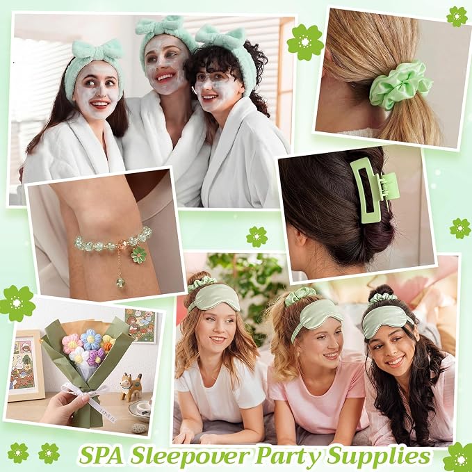 Vesici 73 Pcs Spa Sleepover Party Supplies Bulk Women 8 Sets Slumber Birthday Bridesmaid Gift Crochet Flower Glass Cup Eye Mask Hair Ties Gift Bag Bracelets Scrunchies Headband(Cherry Blossoms,Green)