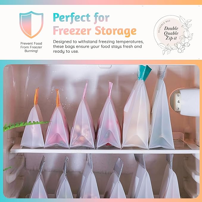 Reusable Food Storage Bags – 21-Pack Stand-Up, BPA-Free, Freezer, Dishwasher Safe & Eco-Friendly – 4 Gal, 6 L, 7 M, 3 S + Rack – Airtight Leakproof, Organization and Storage Bags (Multicolor)
