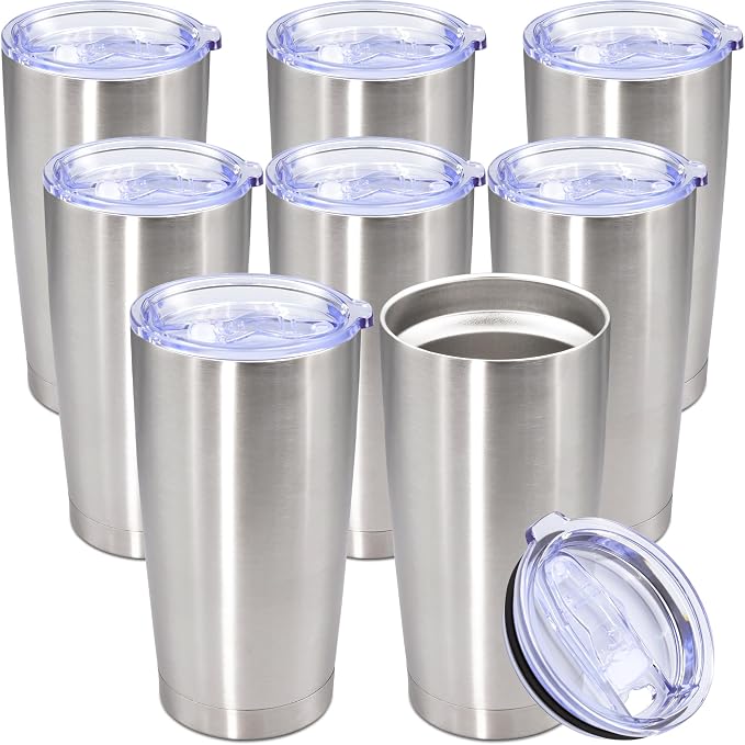 20oz Tumbler Bulk Stainless Steel Tumbler Cup with Lid Vacuum Insulated Double Wall Travel Mug, Durable Powder Coated Travel Coffee Tumbler Mug for Hot & Cold Drinks, Stainless Steel,8 Pack