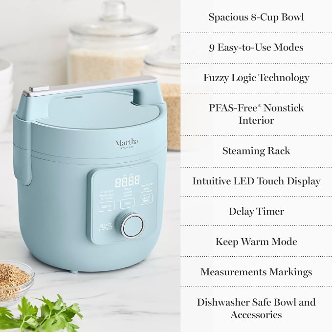 Martha Stewart Rice Cooker, 4 Cup (Uncooked) / 8 Cup (Cooked), Ceramic Non-Stick Removable Pot, Keep Warm, Measure Markings, Steam Basket, Brown & Sushi Rice, Quick Cook, Quinoa, Grains, Oats, Sky Blue