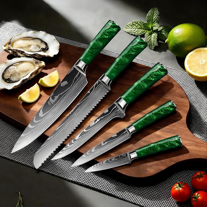 10-Piece Premium Japanese Kitchen Knife Set - Star Collection, Laser Damascus Pattern, 440A Stainless Steel Ultra Sharp for Fast Cutting (Green)