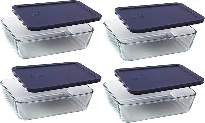 Pyrex 7211 6-Cup Glass Dish & 7211-PC Dark Blue Lid (4-Pack) - Made in USA
