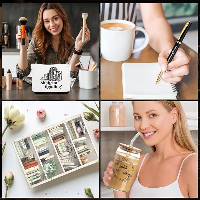 8 Pcs Books Club Gifts Book Lovers Gifts for Women Blind Date with a Read Include 16 oz Glass Cup Canvas Makeup Bag Ballpoint Pen Card for Librarian Reader Bookish Teacher
