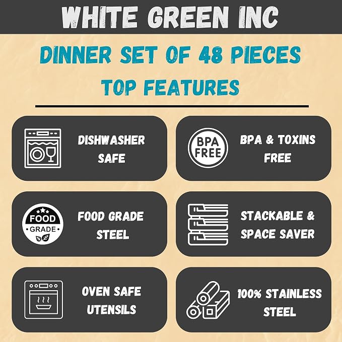 48 Pieces Dinner Set, Stainless Steel Dinnerware Set, Service for 6 (Full Plates, Quarter Dishes, Bowls, Tumblers) Metal Reusable set for Home, Kitchen, Camping, Dishwasher Safe