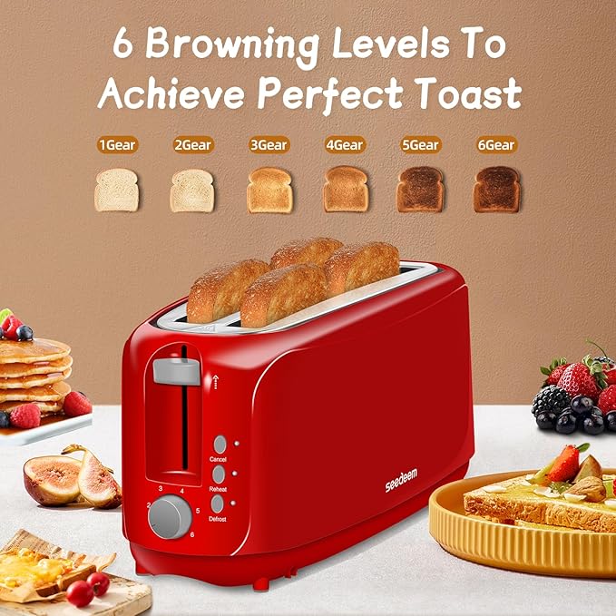 SEEDEEM 4 Slice Toaster, Extra Wide Slots Bread Toaster with 6 Shade Settings, Bagel/Cancel/Defrost/Reheat Functions, Removable Crumb Tray, Auto Shut-Off, Red