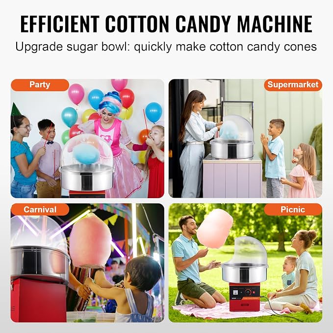 VEVOR Electric Cotton Candy Machine with Cover, 1000W Commercial Floss Maker w/Stainless Steel Bowl, Sugar Scoop and Drawer, Perfect for Home, Carnival, Kids Birthday, Family Party, Red