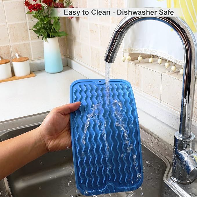 ZLR Silicone Sponge Holder & Sink Caddy Tray (6" x 12") - Narrow Dish Drying Mat for Kitchen Counter - Waterproof Soap Dispenser Organizer, Non-Slip Bathroom Vanity Tray (Lichen Blue)