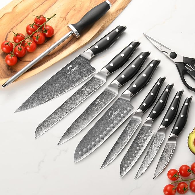 Damascus Knife Set with Block, 16-Piece VG10 67-Layer Steel Kitchen Knives | 16-piece premium Damascus kitchen knife set with VG10 steel core, 67 layers, wood block, and triple-rivet handles