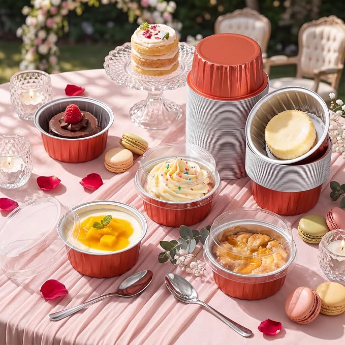 Gejoy 400 Pcs Aluminum Foil Baking Cups with Lids 5 oz Disposable Ramekins Mini Cake Pans Creme Brulee Cupcake Liners Muffin Dessert Container for Wedding Birthday Party (Classic,Orange Gold)