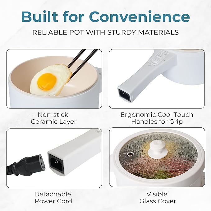 DRINKPOD 2L Electric Hot Pot with Steamer, Portable Multi Cooker for Ramen, Eggs, Soup, Oatmeal Non-Stick Mini Pot with Adjustable Temperature (WHITE)