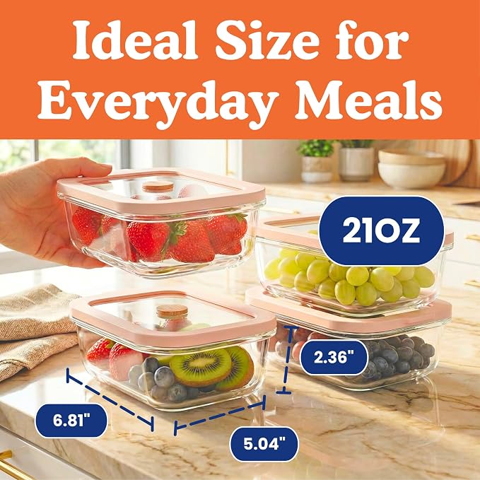 Ziruma Non-Toxic Glass Food Containers with Lids, 4-Pack, 21 oz, Beige | Plastic & BPA free. Glass body, glass lid & platinum silicone seal. Airtight & leakproof. Freezer & microwave safe