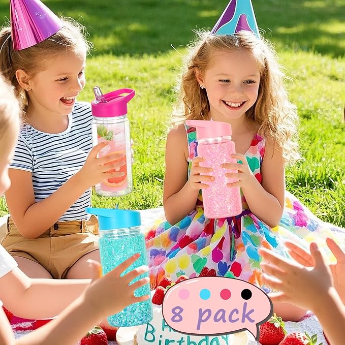 8 Pack 10 Oz Plastic Snow Globe Tumbler for Kids with Pre-Drilled Hole and Plug, Leak Proof Double Wall Snow Globe Sports Water Bottles with Portable Handle for Glitter DIY Gift, Mixed Color