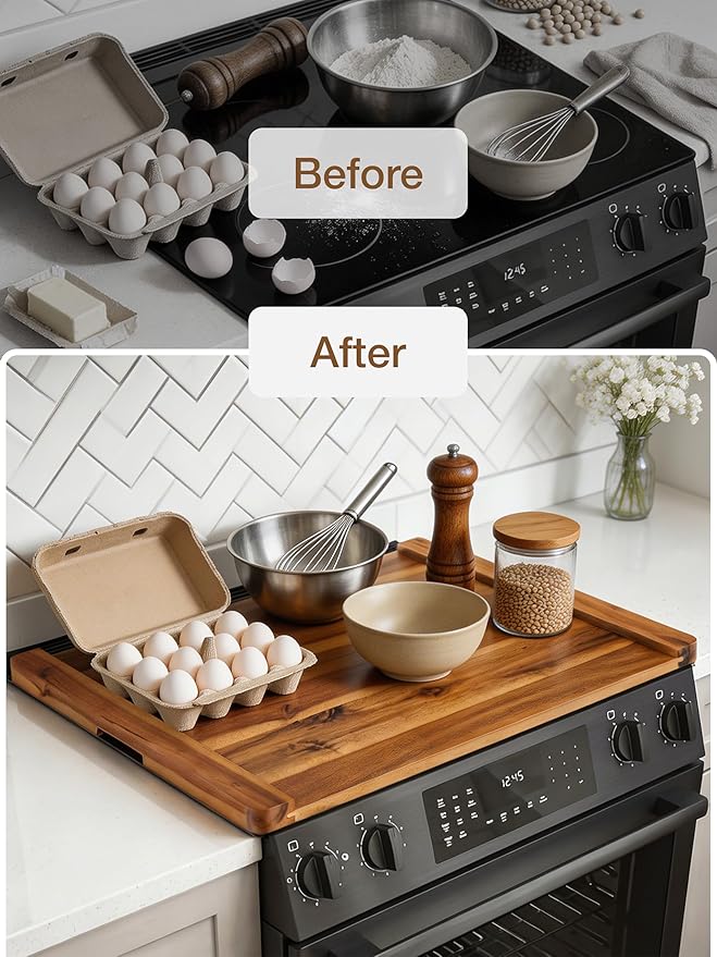 TIDITA Acacia Wooden Stove Top Cover - 29.5x21.7 Noodle Board Stove Cover - Stove Top Cover For Gas Stove, Electric Stove/Countertop - Gas Stove Cover Board with Recessed Handles, No Assembly Required